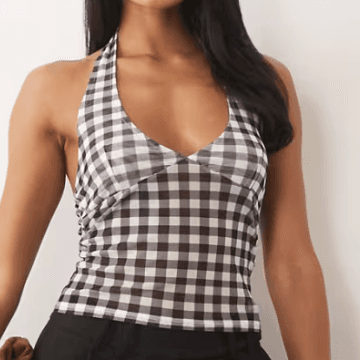 Black-and-white gingham halterneck top cropped from the supplied outfit reference