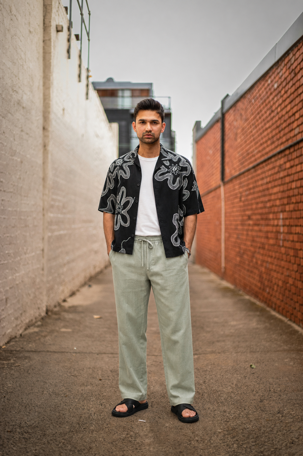 After: the same supplied real man model in the unchanged photo, wearing a black patterned short-sleeve shirt, white T-shirt, pale sage wide-leg trousers, and black sandals